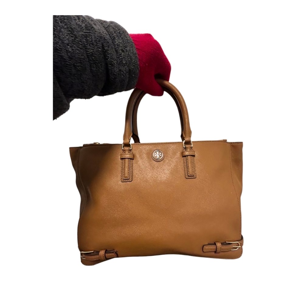 TORY BURCH Brown/Tan Saffiano Leather L Robinson Multi Tote